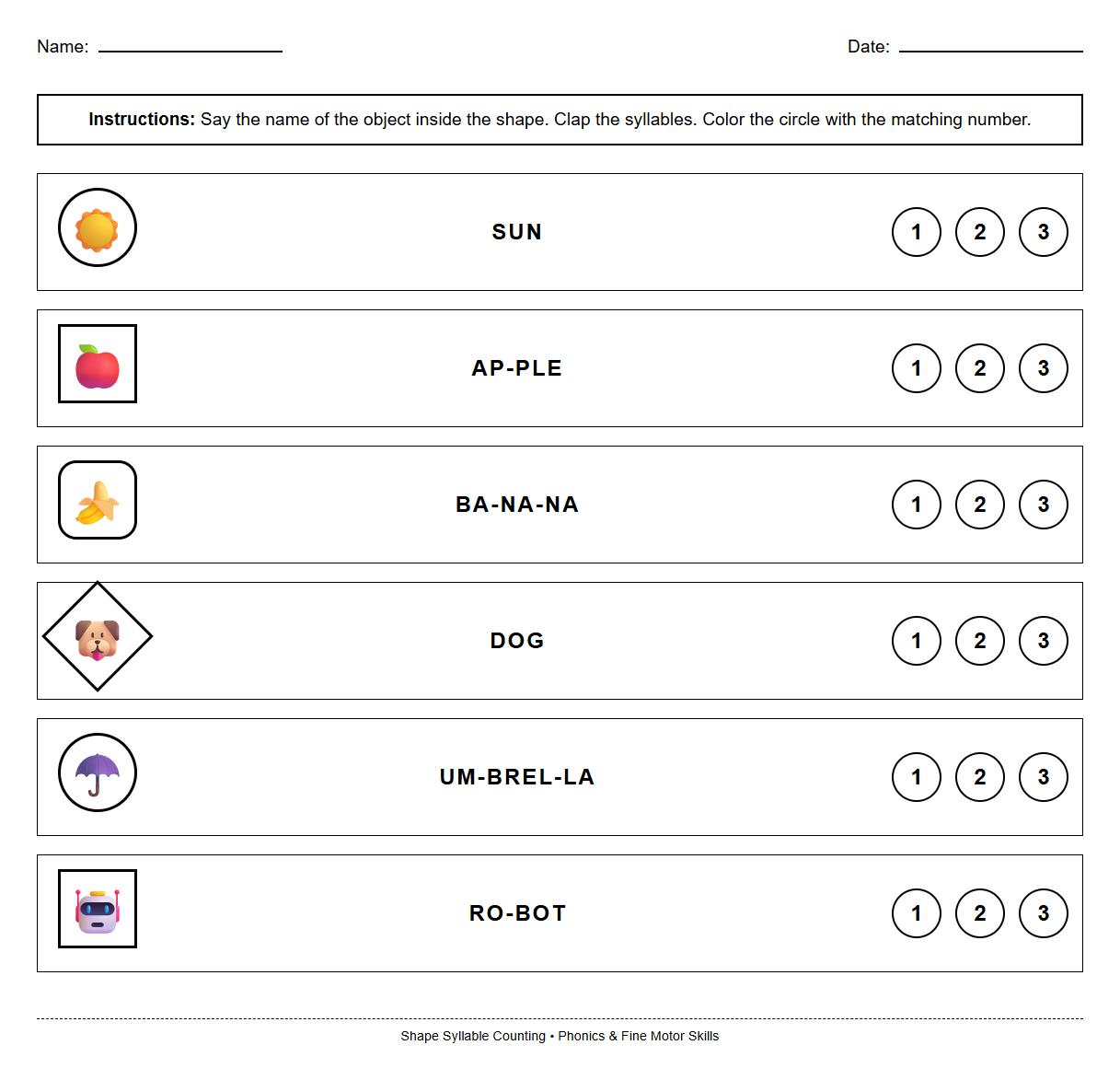 Shape Syllable Counting Worksheet Phonics