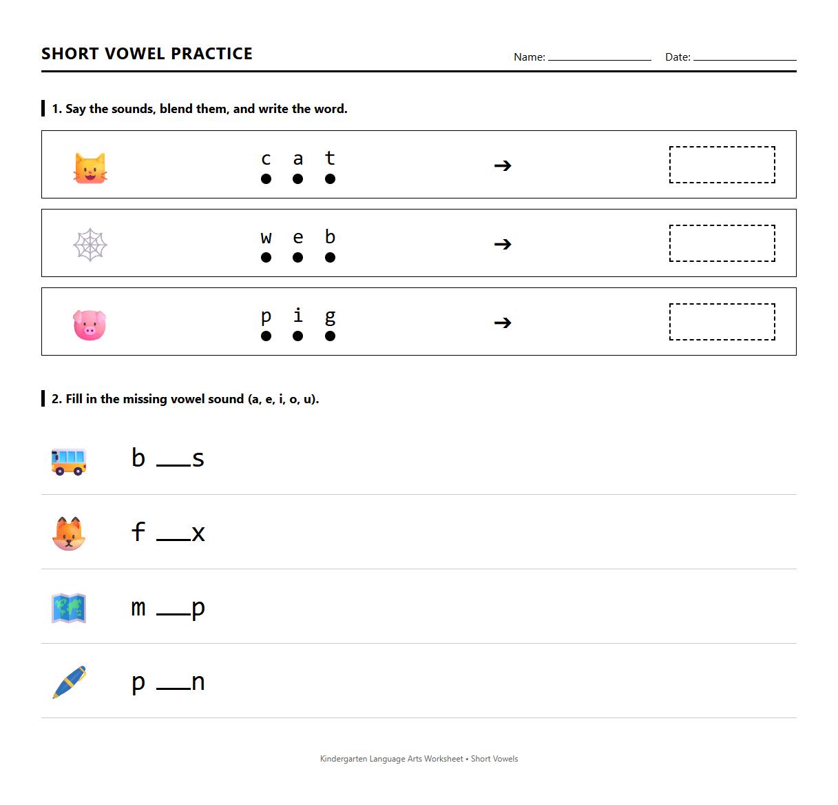 Short Vowel Blending and Segmenting Practice