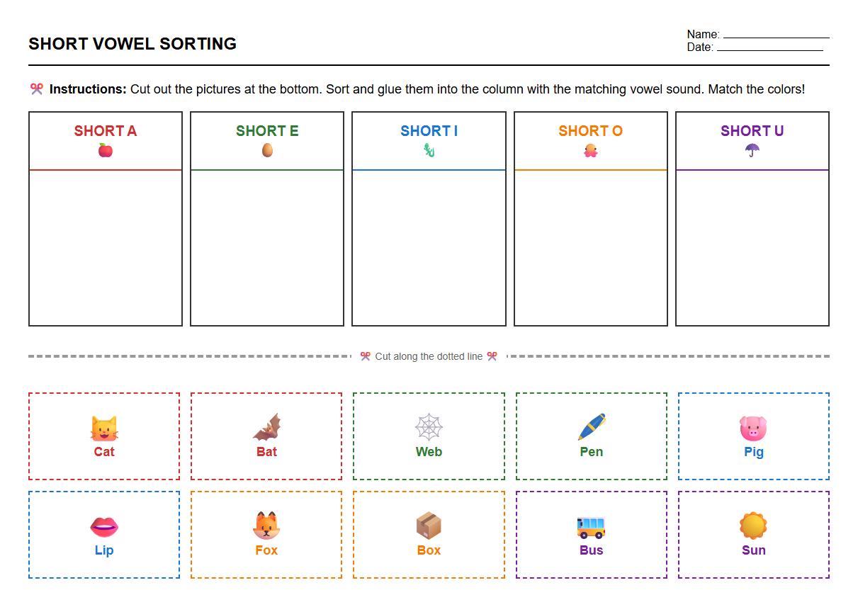 Short Vowel Phonics Sorting with Color Coded Segments