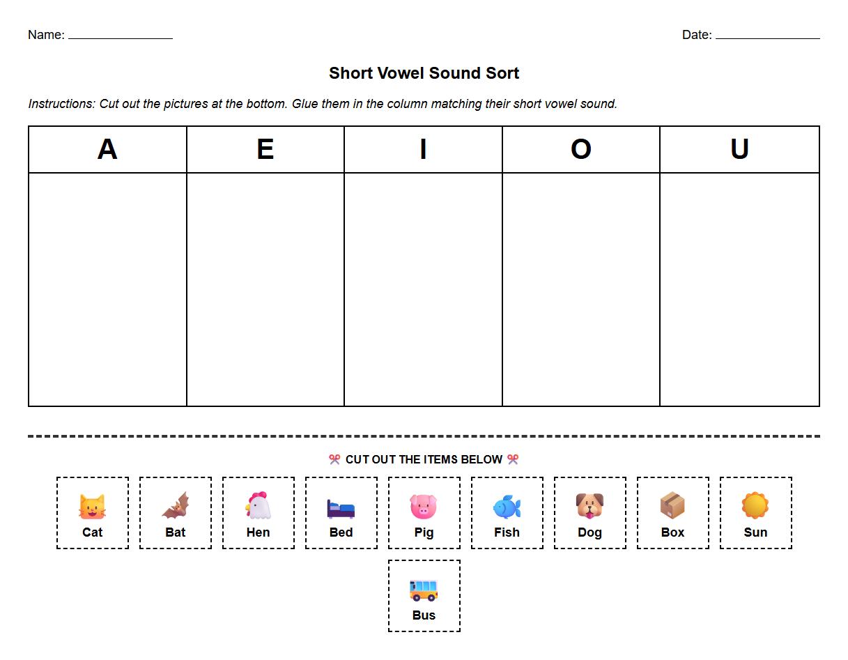 Short Vowel Sound Phonics Sorting Activity