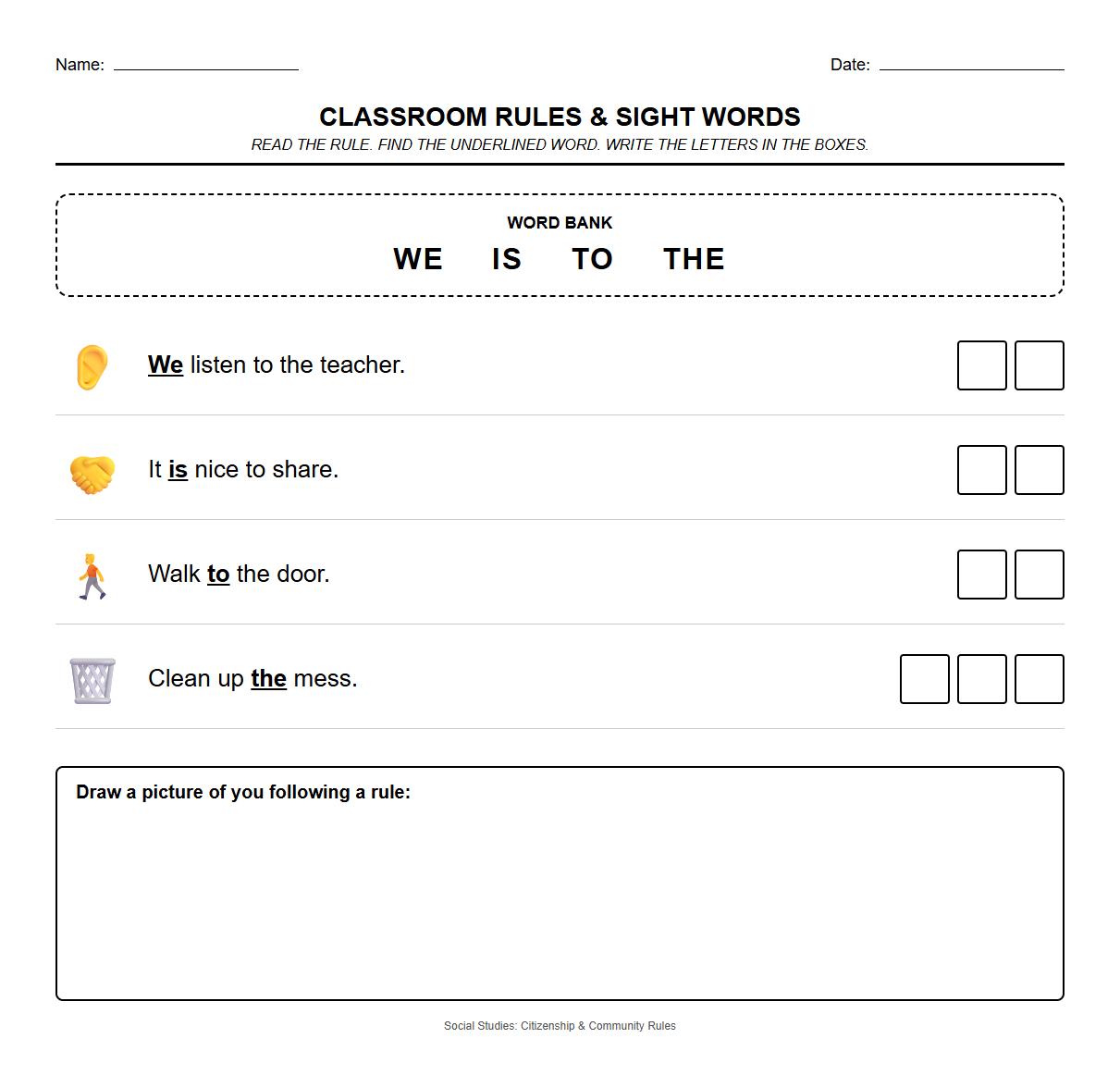 Sight Word Recognition Worksheet Featuring Classroom Rules with Visual Word Mapping