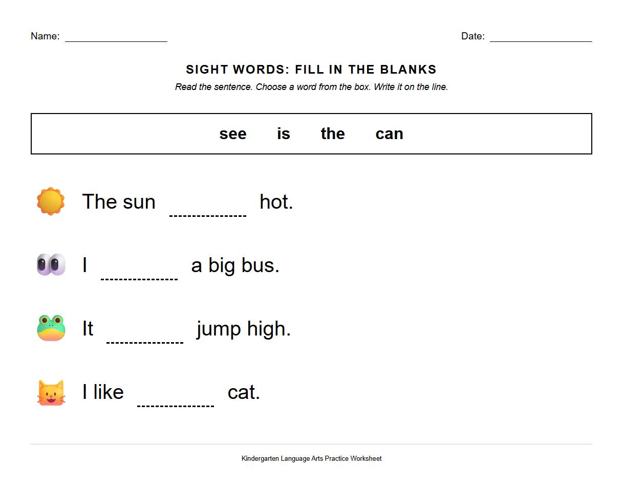 Sight Words Fill in the Blank Passages
