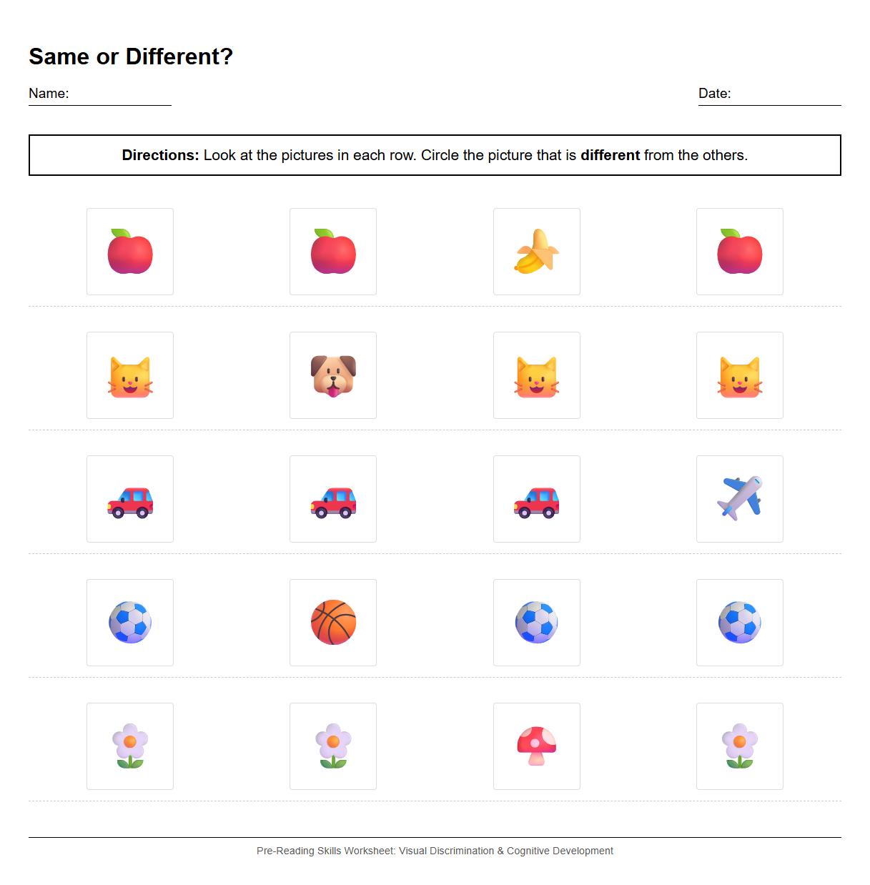 Similar and Different Pictures Worksheet for Pre Reading Skills