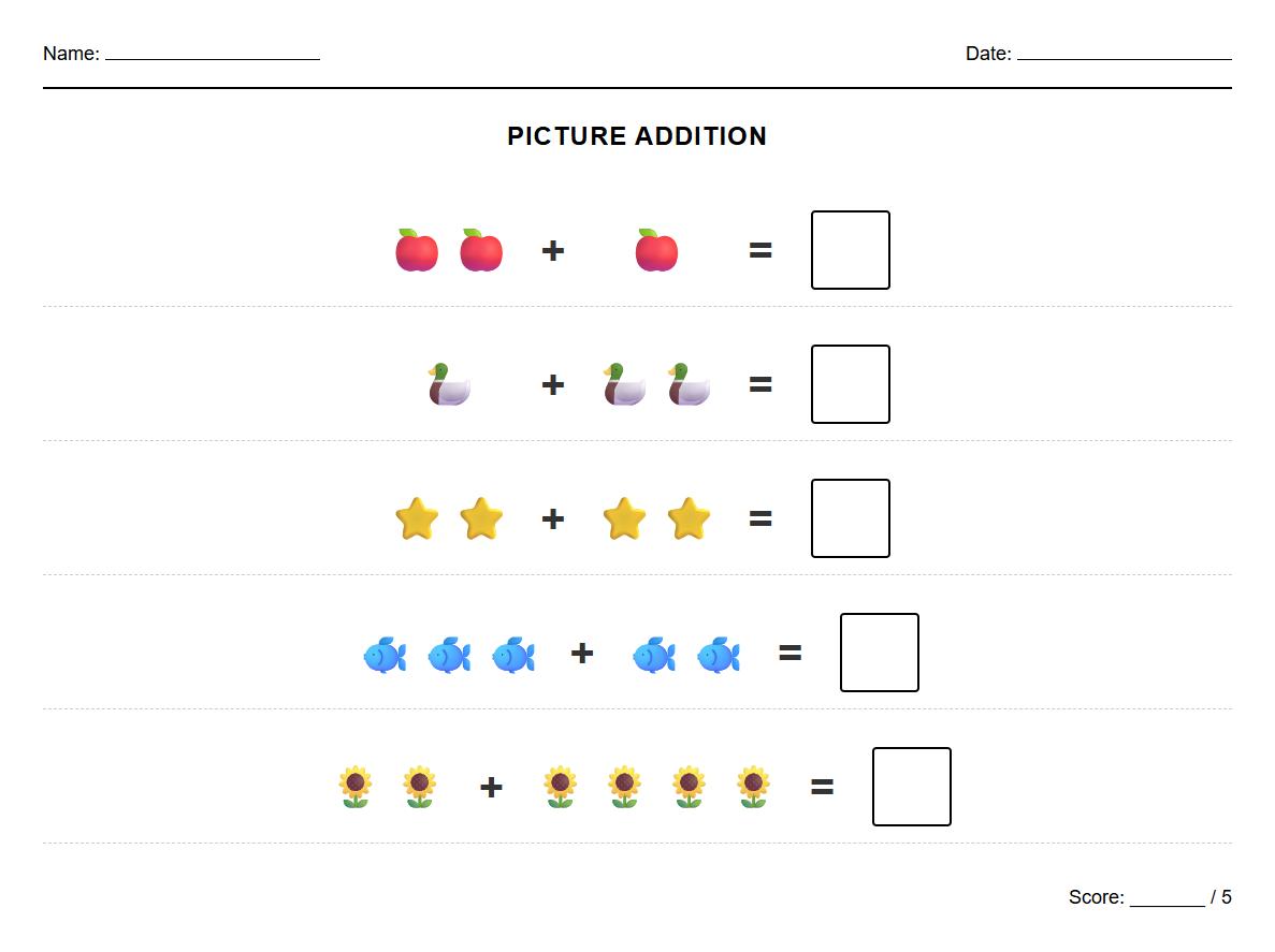 Simple Addition with Pictures worksheet for Kindergarten Level