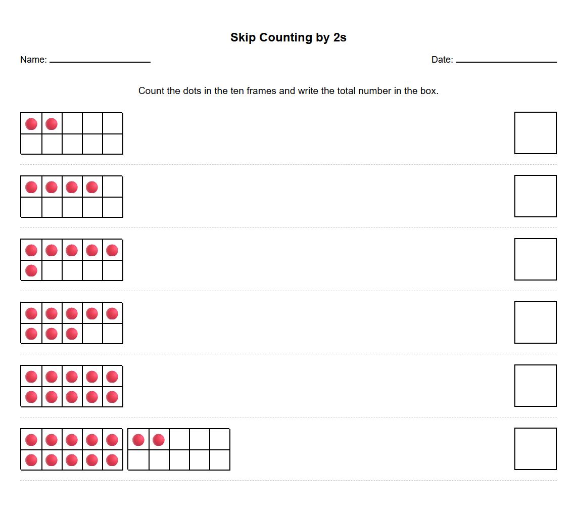 Skip Counting by 2s with Tens Frame Visual Worksheet