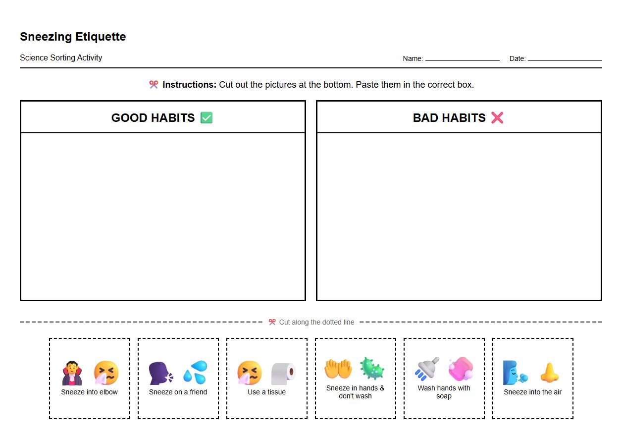 Sneezing Etiquette Cut and Paste Sorting Activity