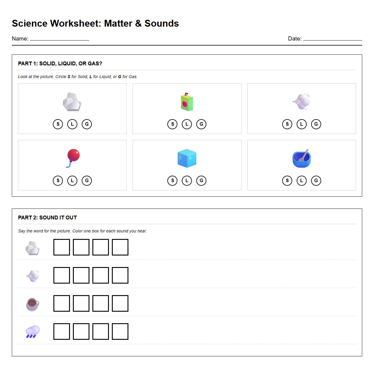 Solid Liquid Gas Identification and Phoneme Segmentation Worksheet