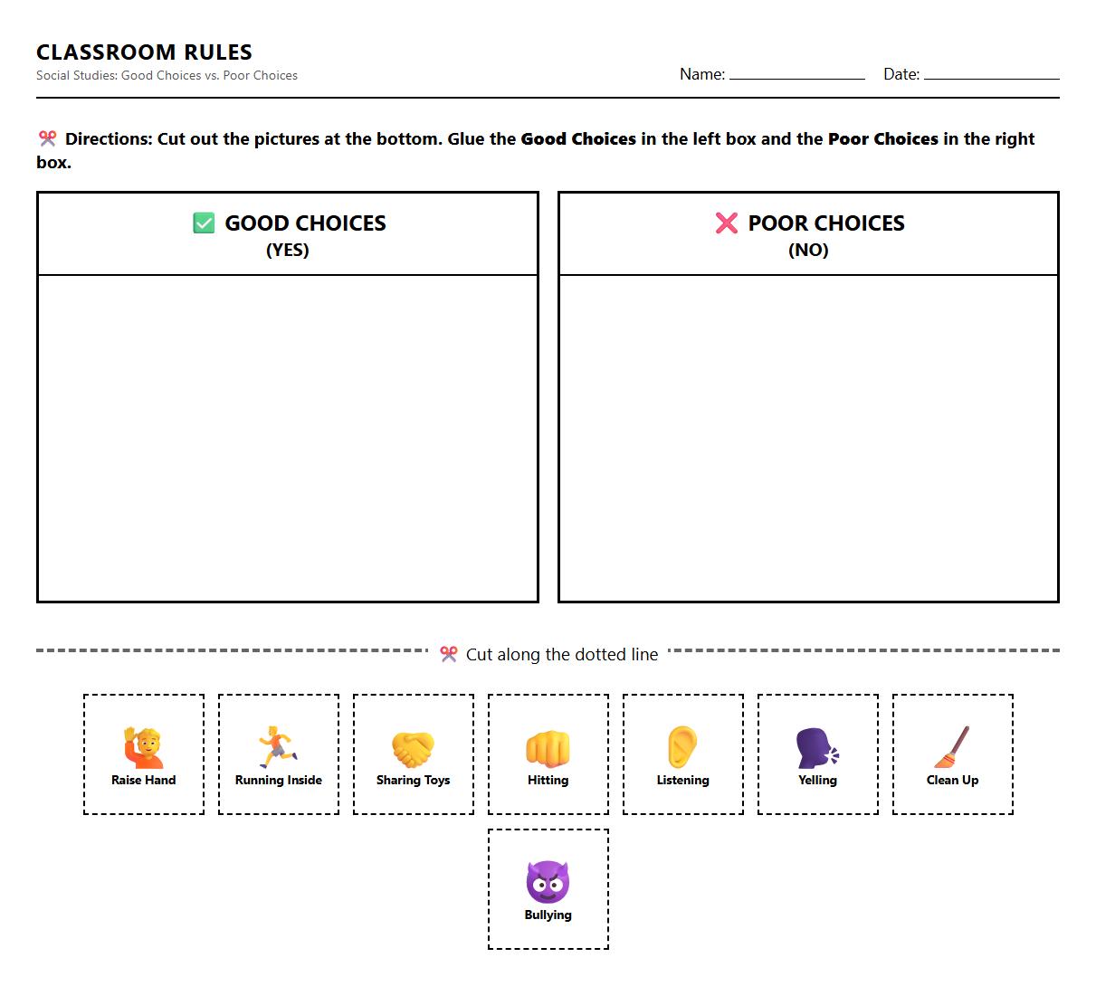Sorting Activity Guided Reading Classroom Rules Identification Worksheet