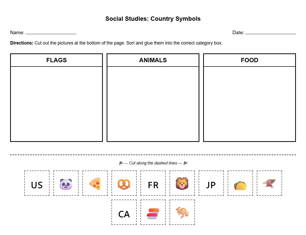 Sorting Country Symbols by Category Worksheet