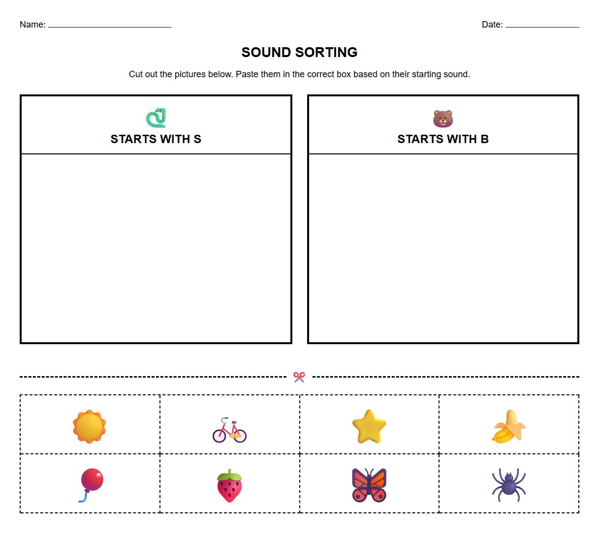 Sound sorting cut and paste worksheets