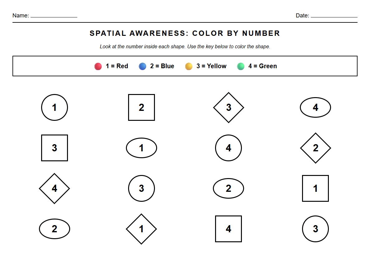 Spatial Awareness Color by Number Shape Sheet