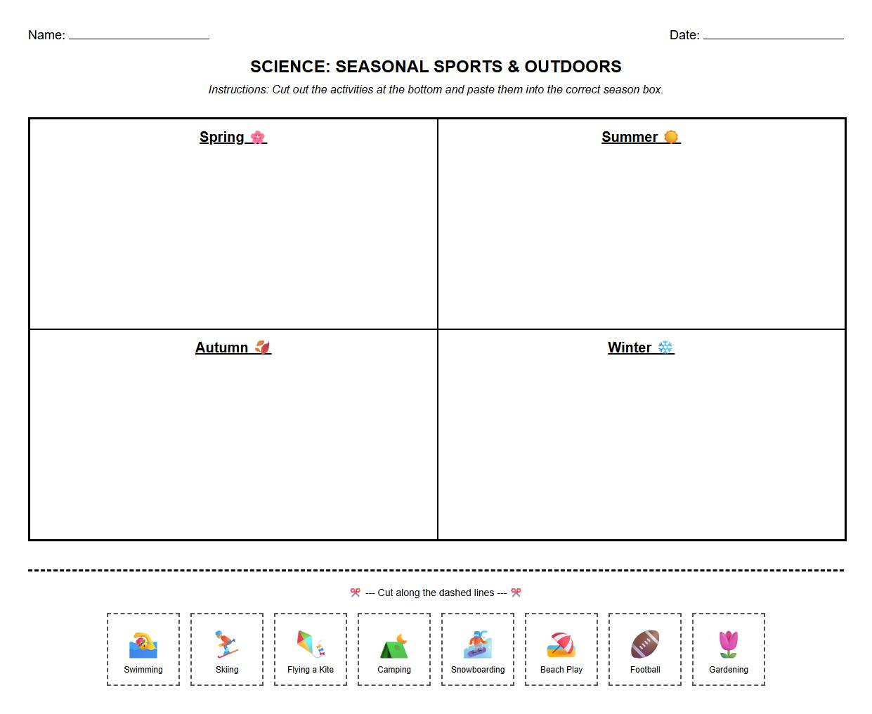 Sports and Outdoor Activities Seasonal Sorting Worksheet