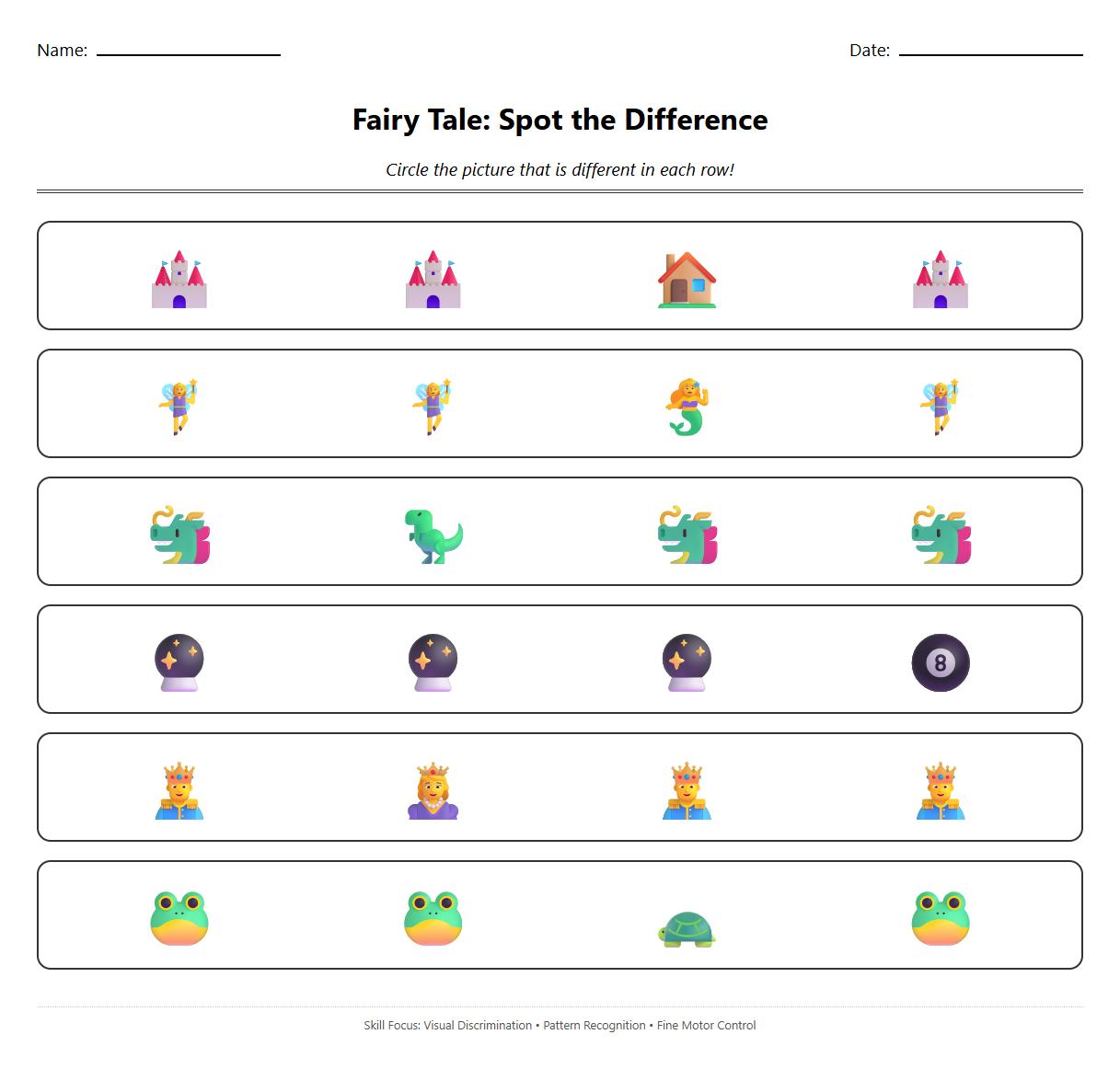 Spot the Difference Worksheet with Fairy Tale Illustrations for Pattern Recognition