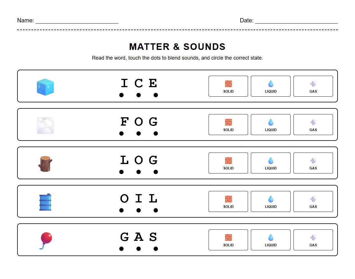 States of Matter Sound Blending Worksheet