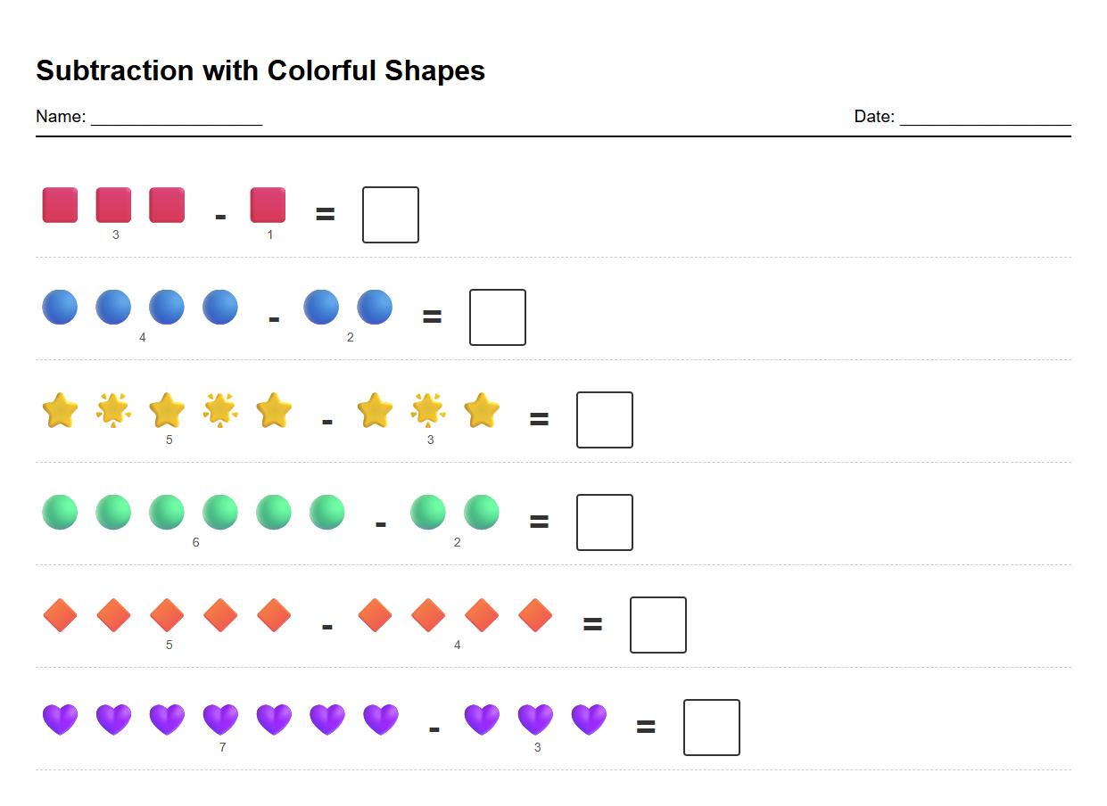 Subtraction with Colorful Shapes Visual Worksheet