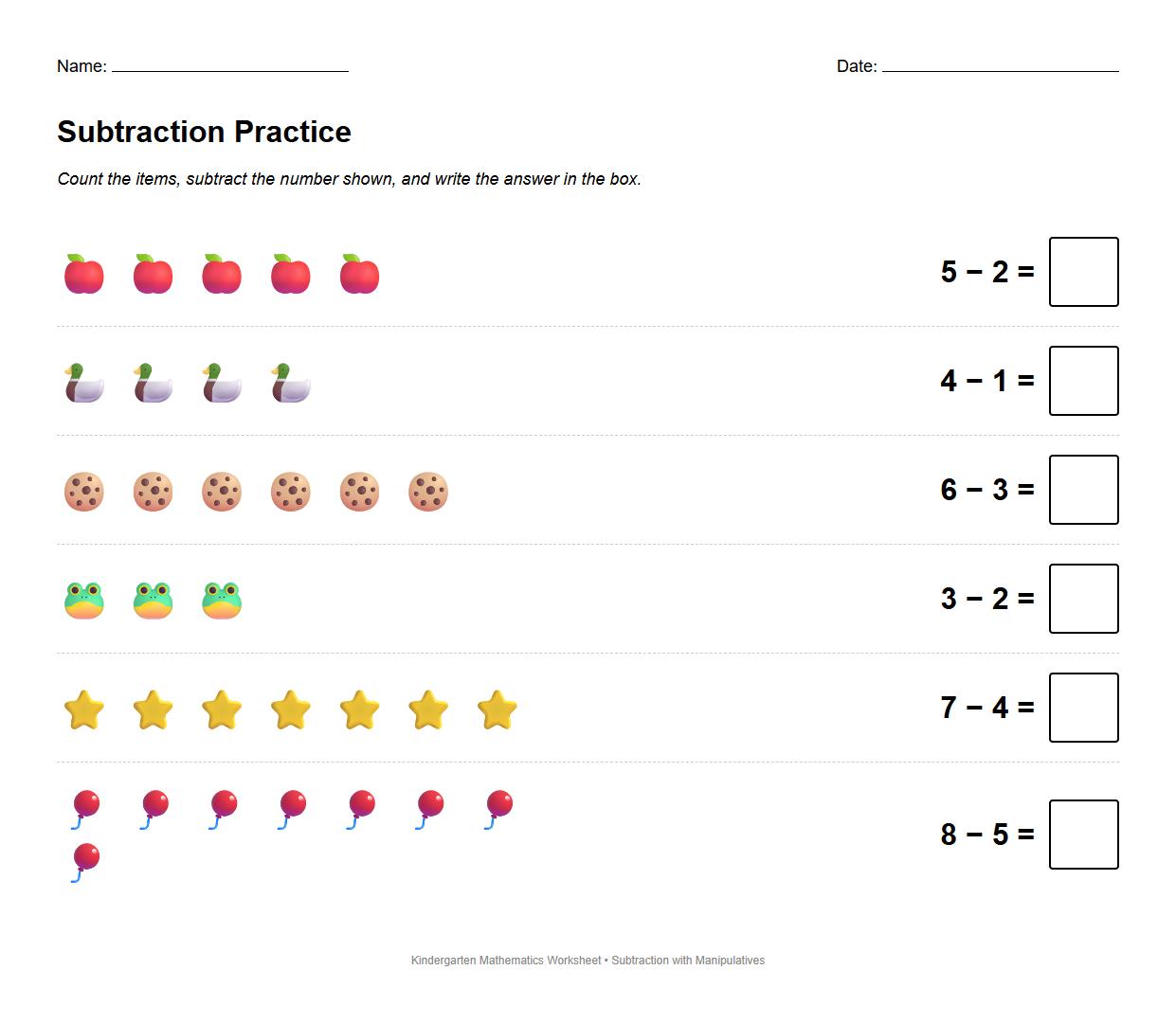 Subtraction with Counters and Manipulatives Worksheet
