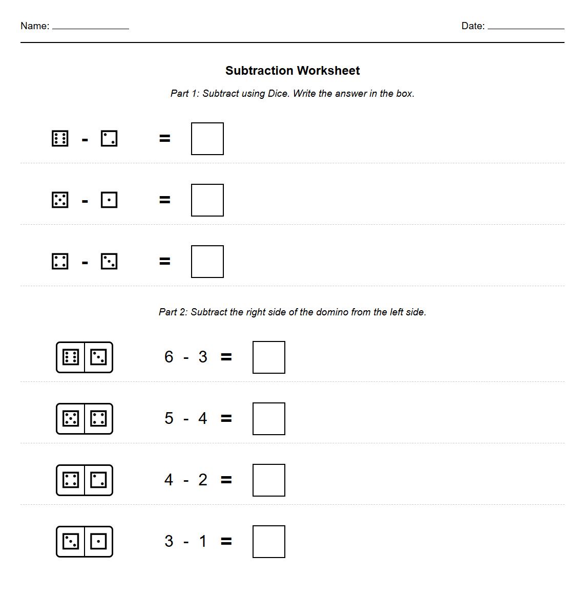 Subtraction with Dominos and Dice Representation Worksheet