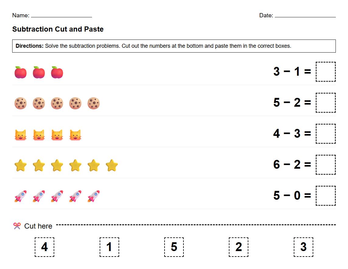 Subtraction Equation Cut and Paste Worksheet