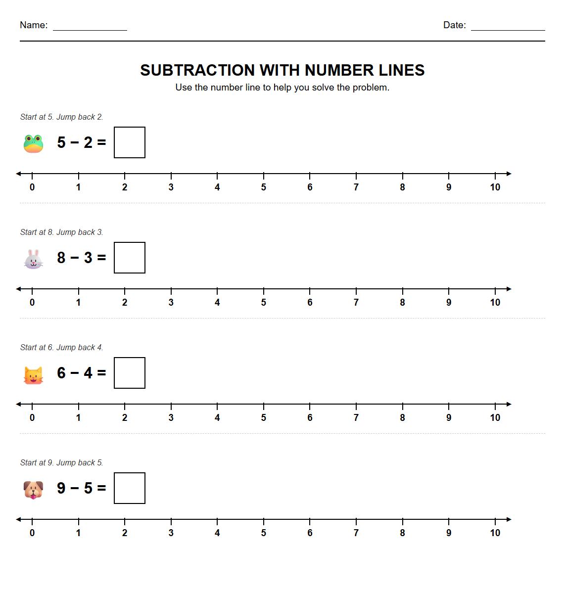 Subtraction Using Number Line Worksheet