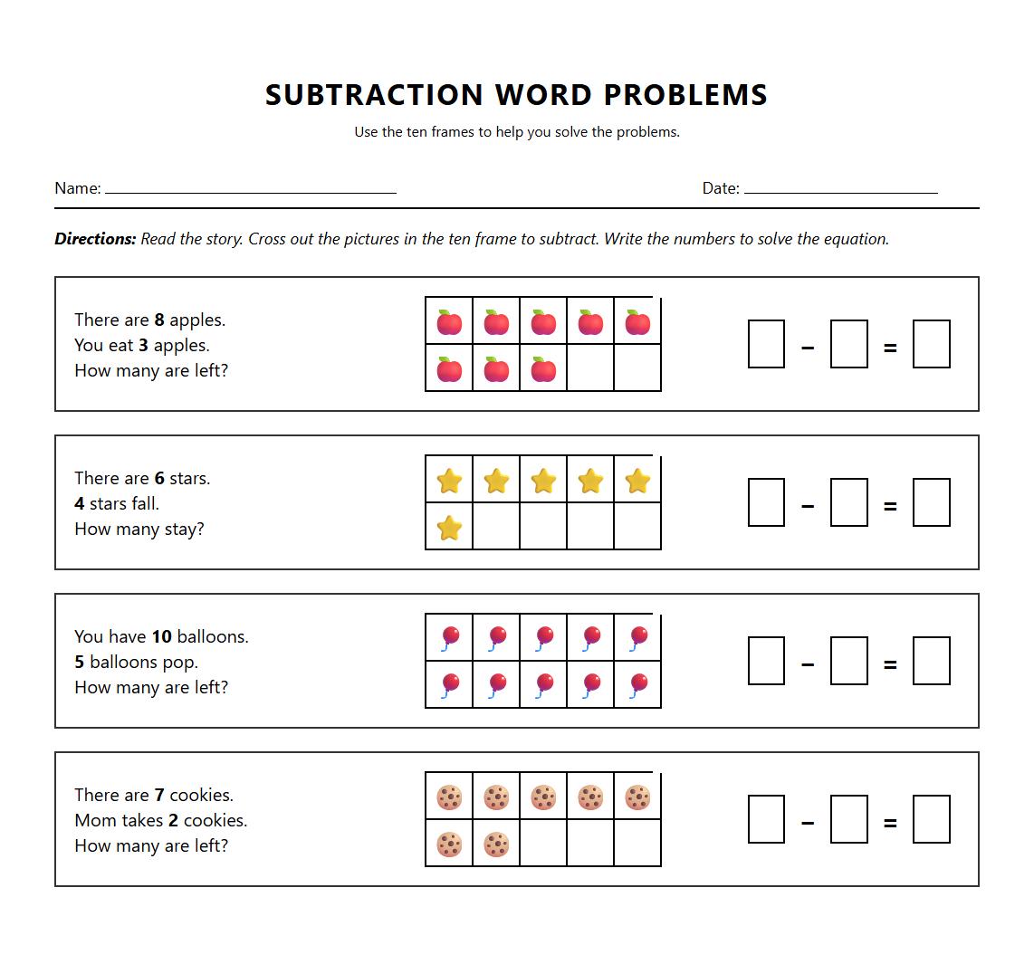 Subtraction Word Problems with Ten Frame Support Worksheet