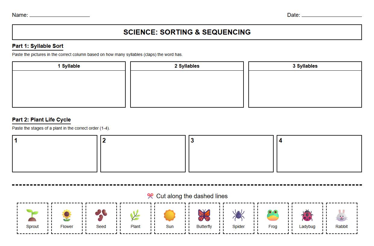 Syllable Sorting and Plant Stages Sequencing Cut and Paste Worksheet