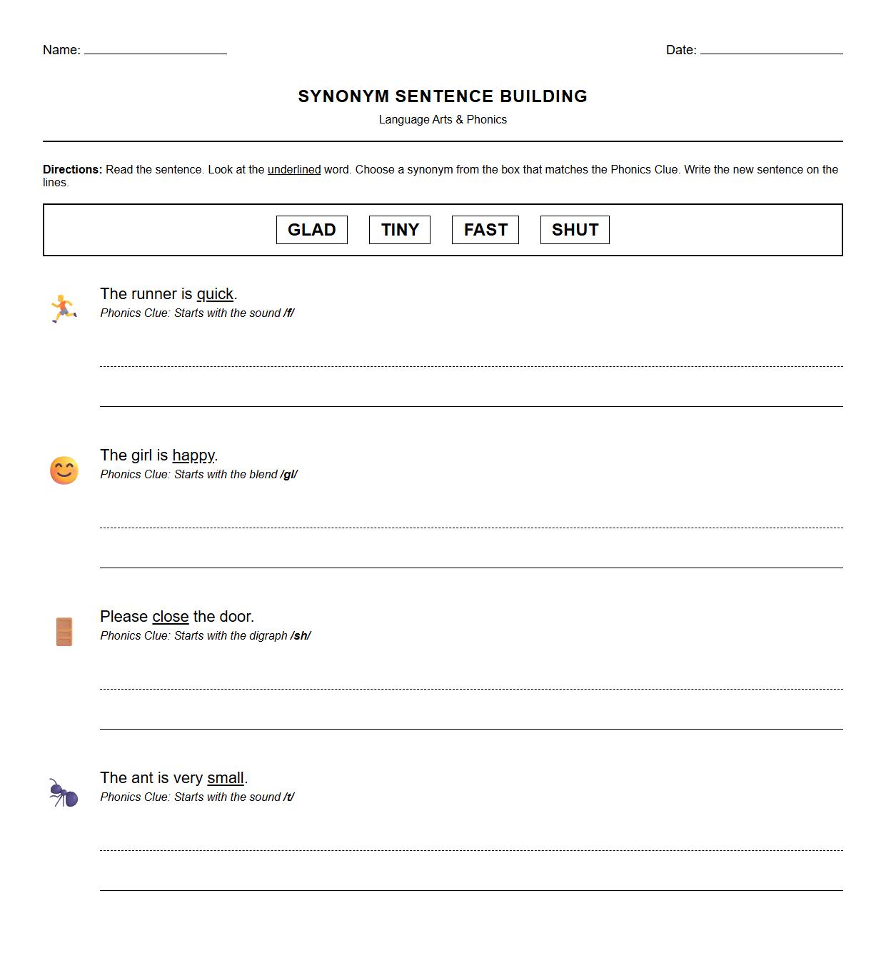 Synonym Sentence Building with Phonics Clues