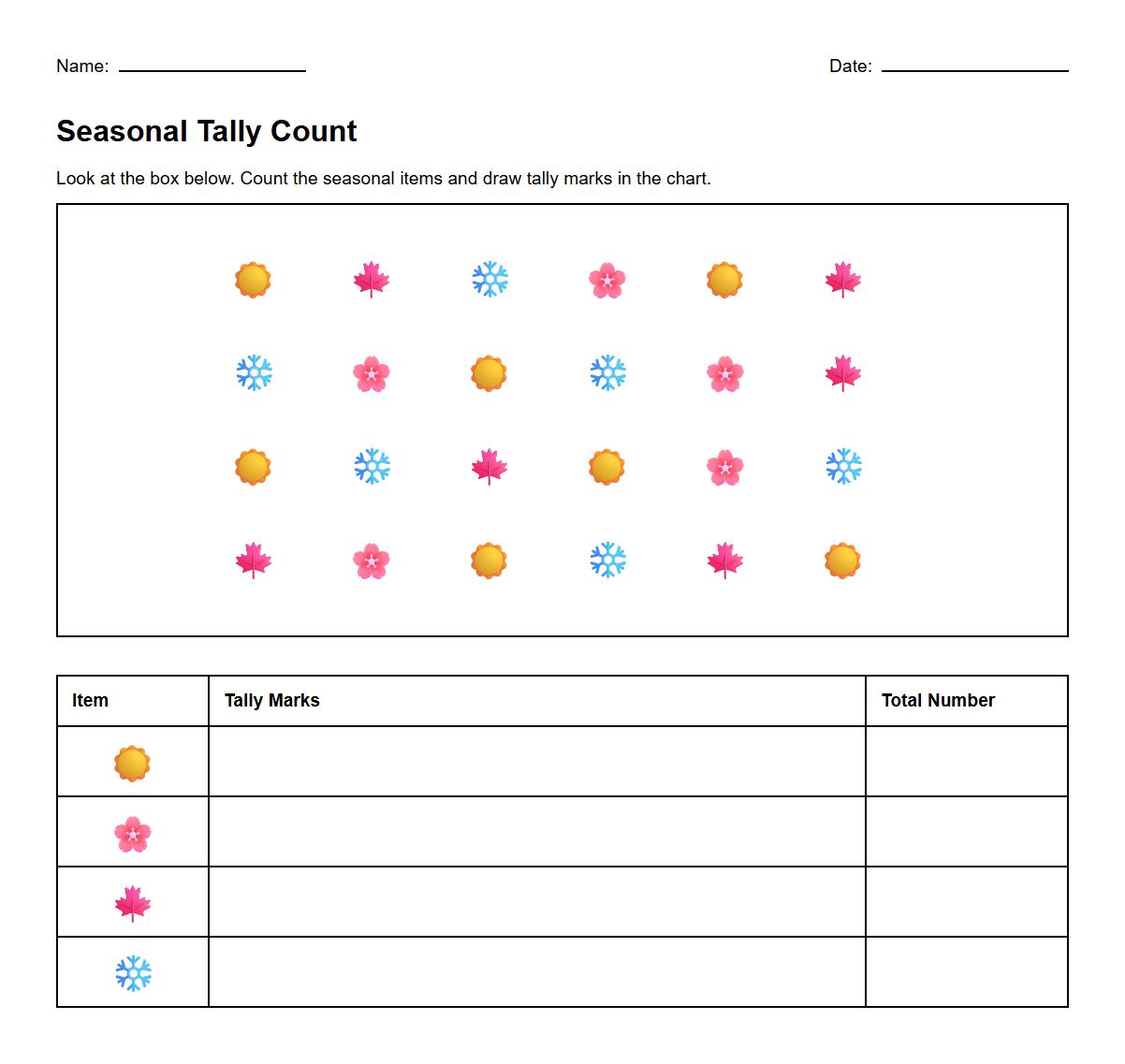 Tally chart worksheet applying quantitative data collection with seasonal themes