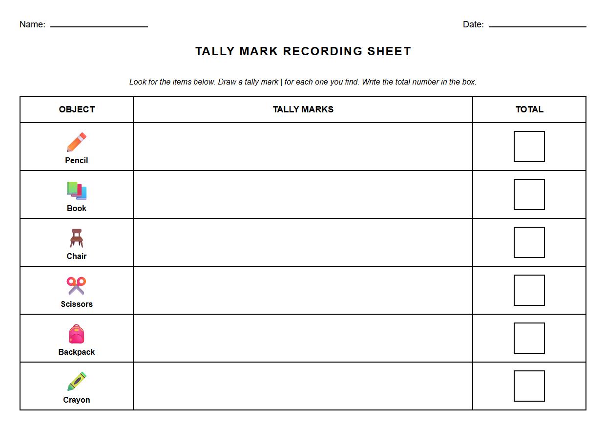 Tally Mark Recording Sheet for Data Collection Skills