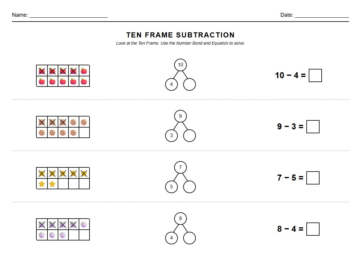 Ten Frame Subtraction with Number Bonds Worksheet