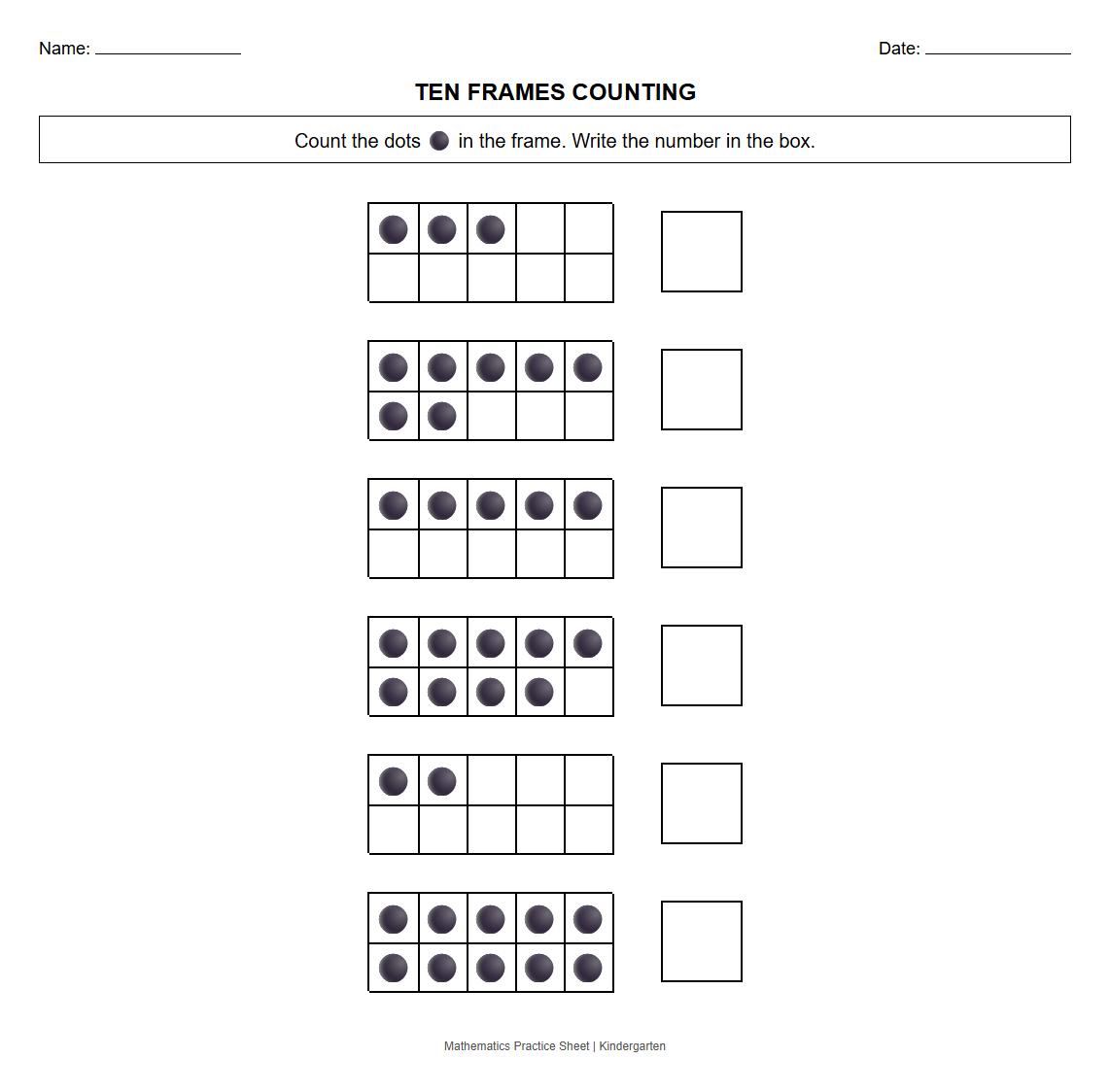 Ten Frames Counting Practice Sheet