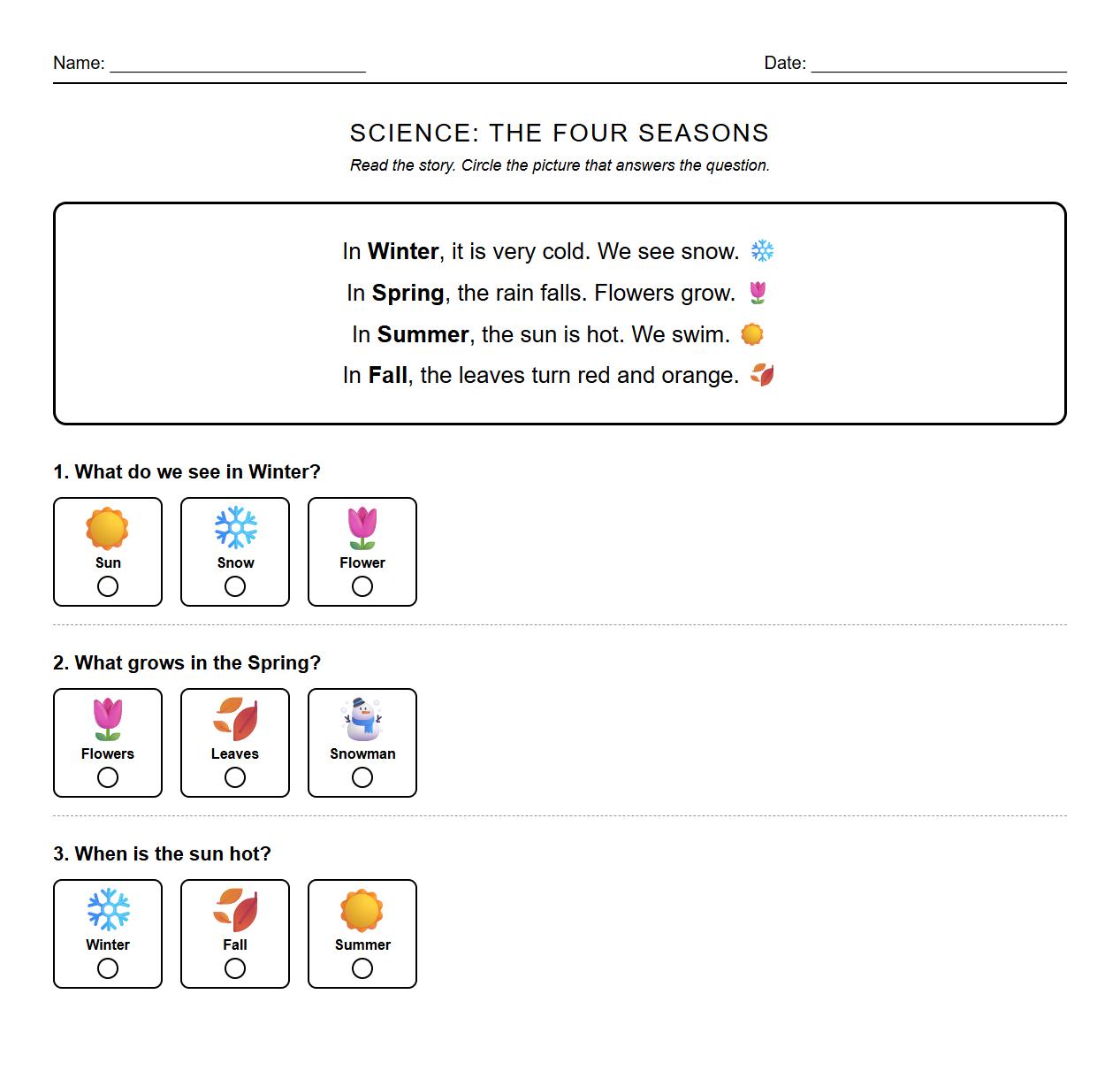 Text Evidence Worksheet with Questions on Seasonal Phenomena