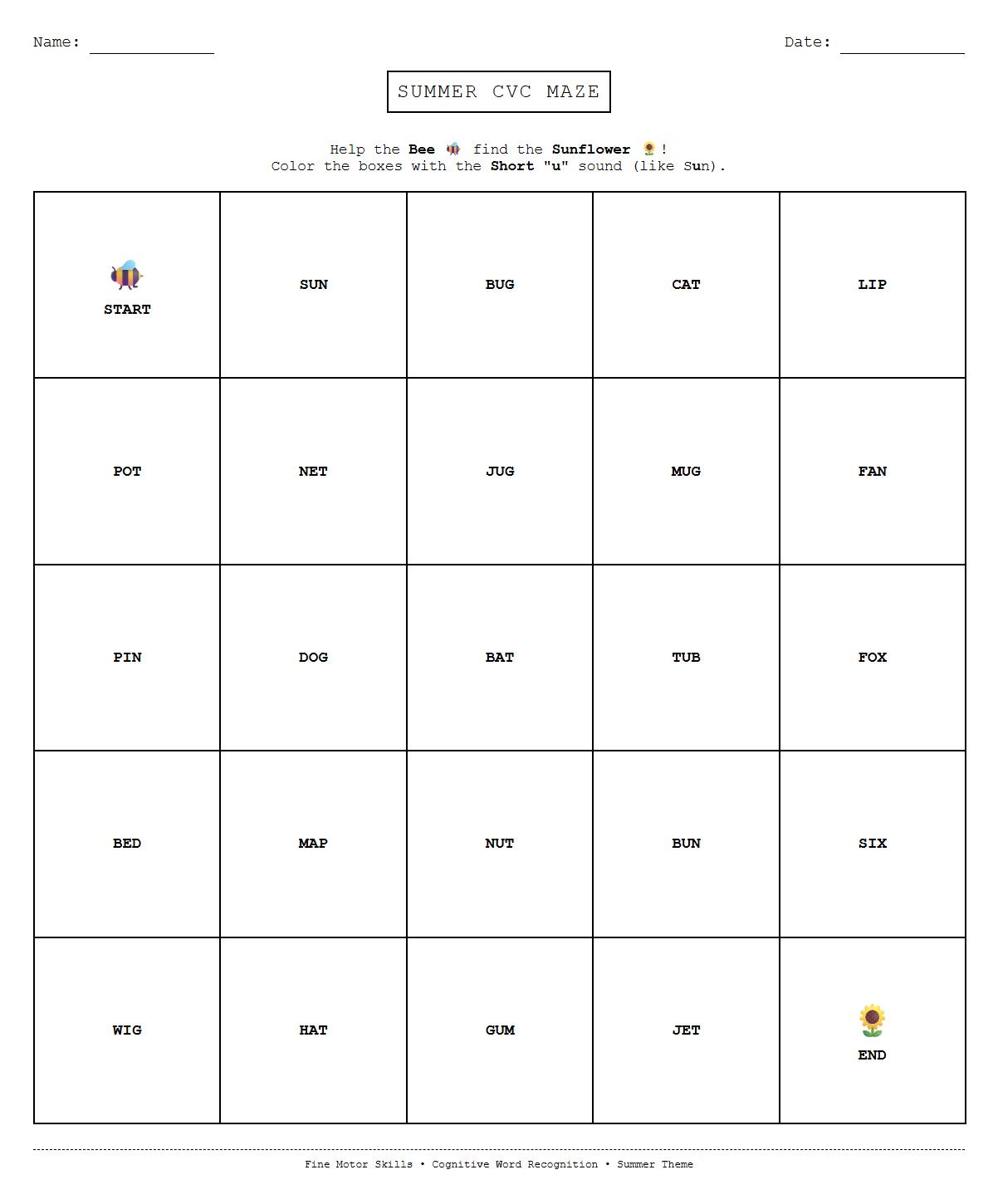 Thematic CVC Word Maze for Spring and Summer