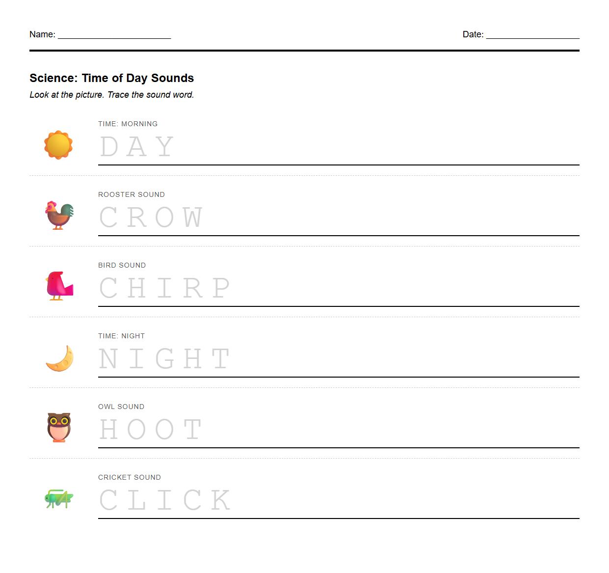 Time of Day Sounds Phonetic Tracing Worksheet