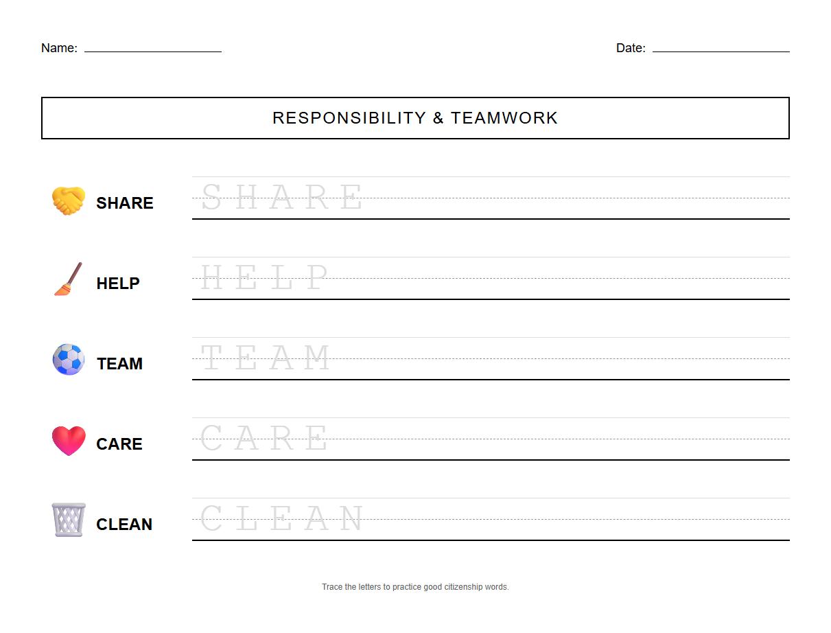 Tracing Letters Linked to Responsibility and Teamwork Worksheet