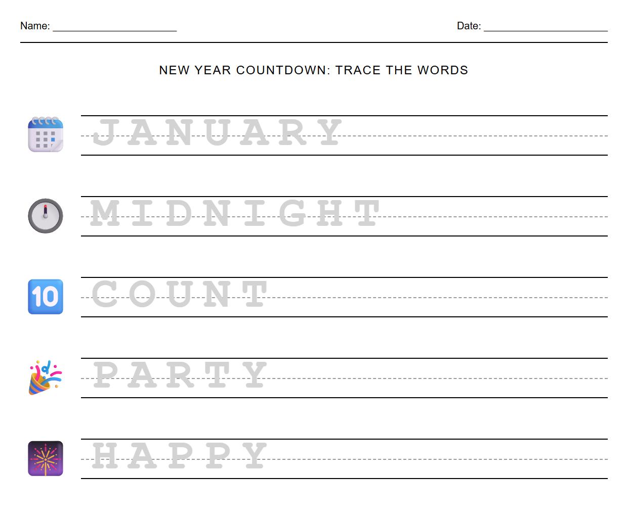 Tracing Letters Worksheet with New Year Countdown Graphics