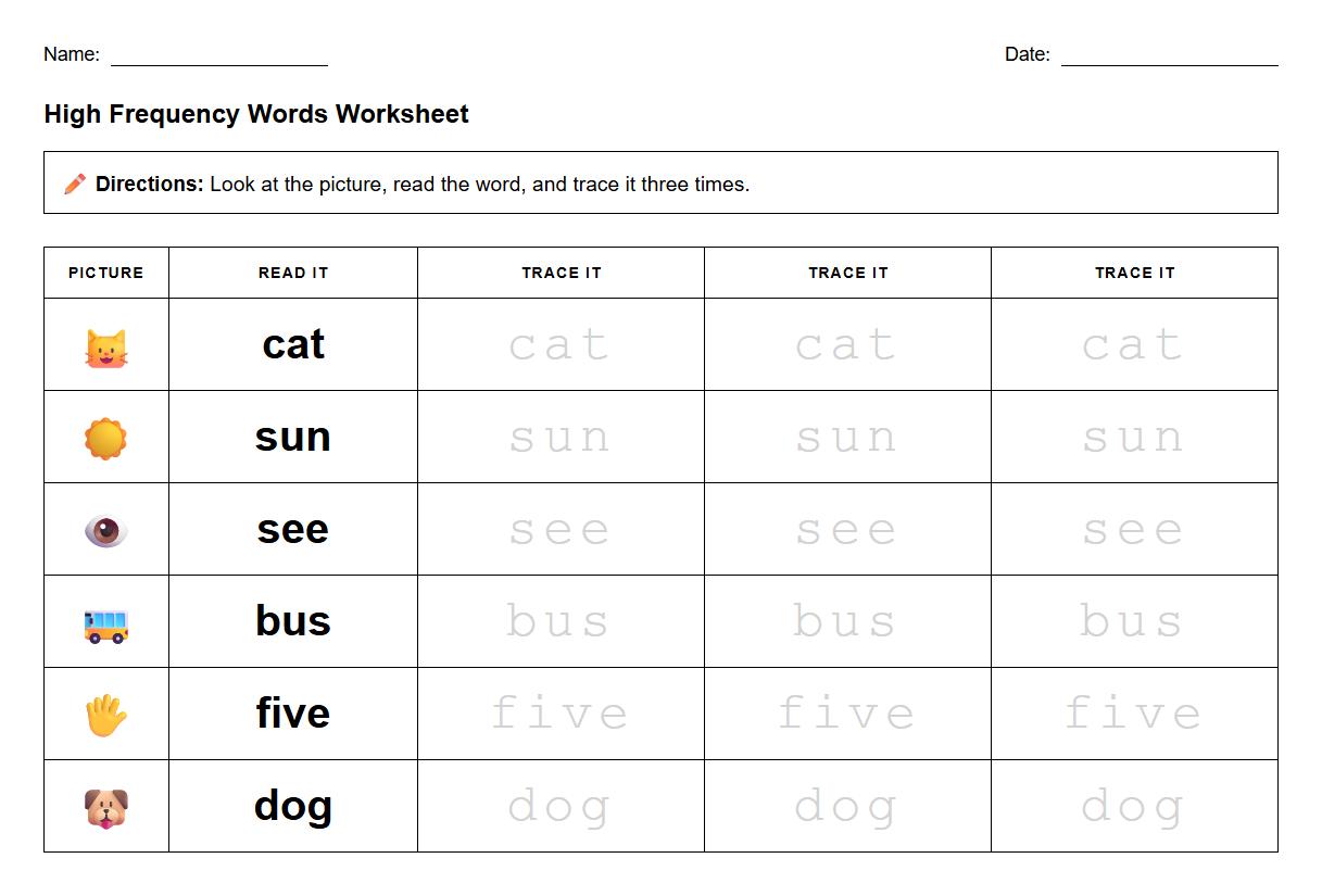 Tracing and Reading High Frequency Words Grid