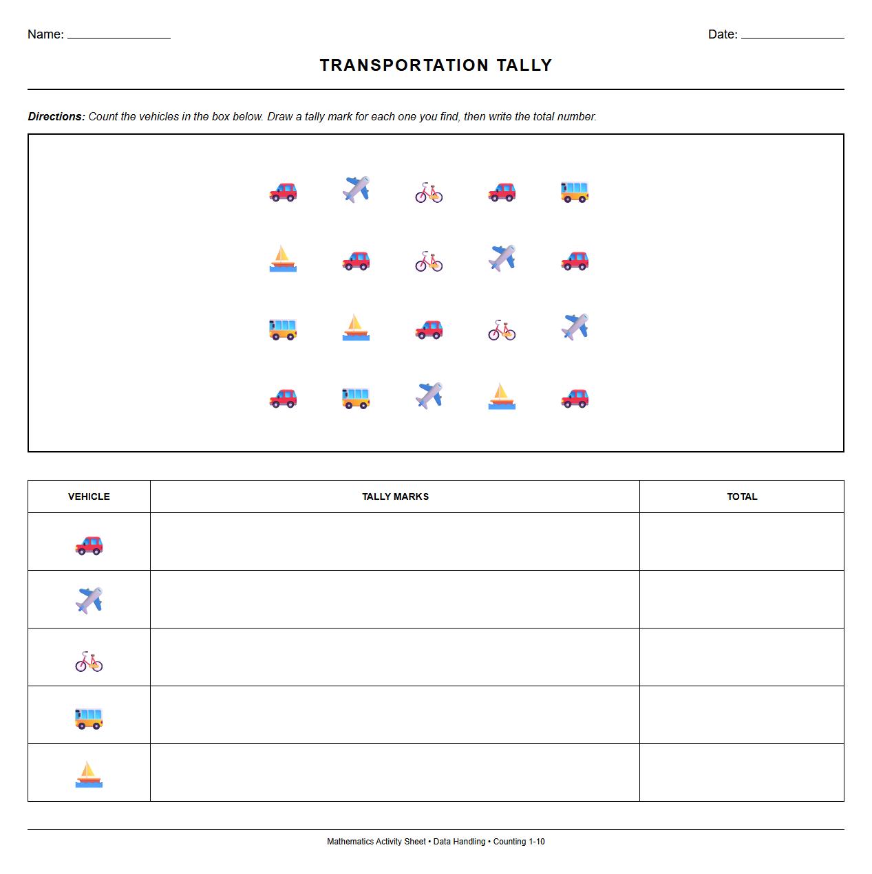 Transportation Modes Tally and Record Worksheet
