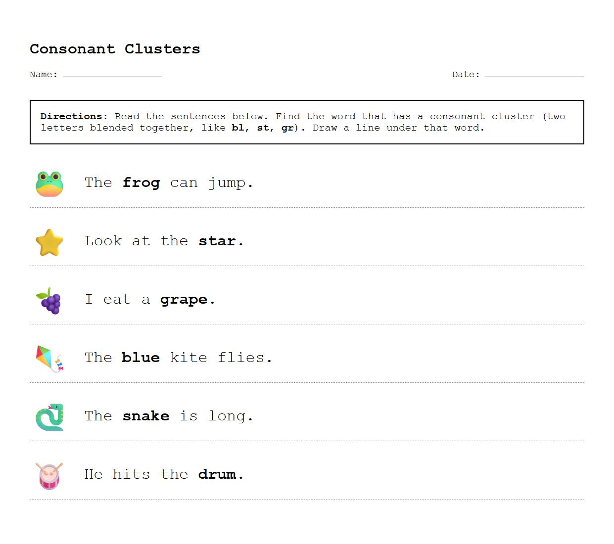 Underline Consonant Clusters in Sentences Worksheet