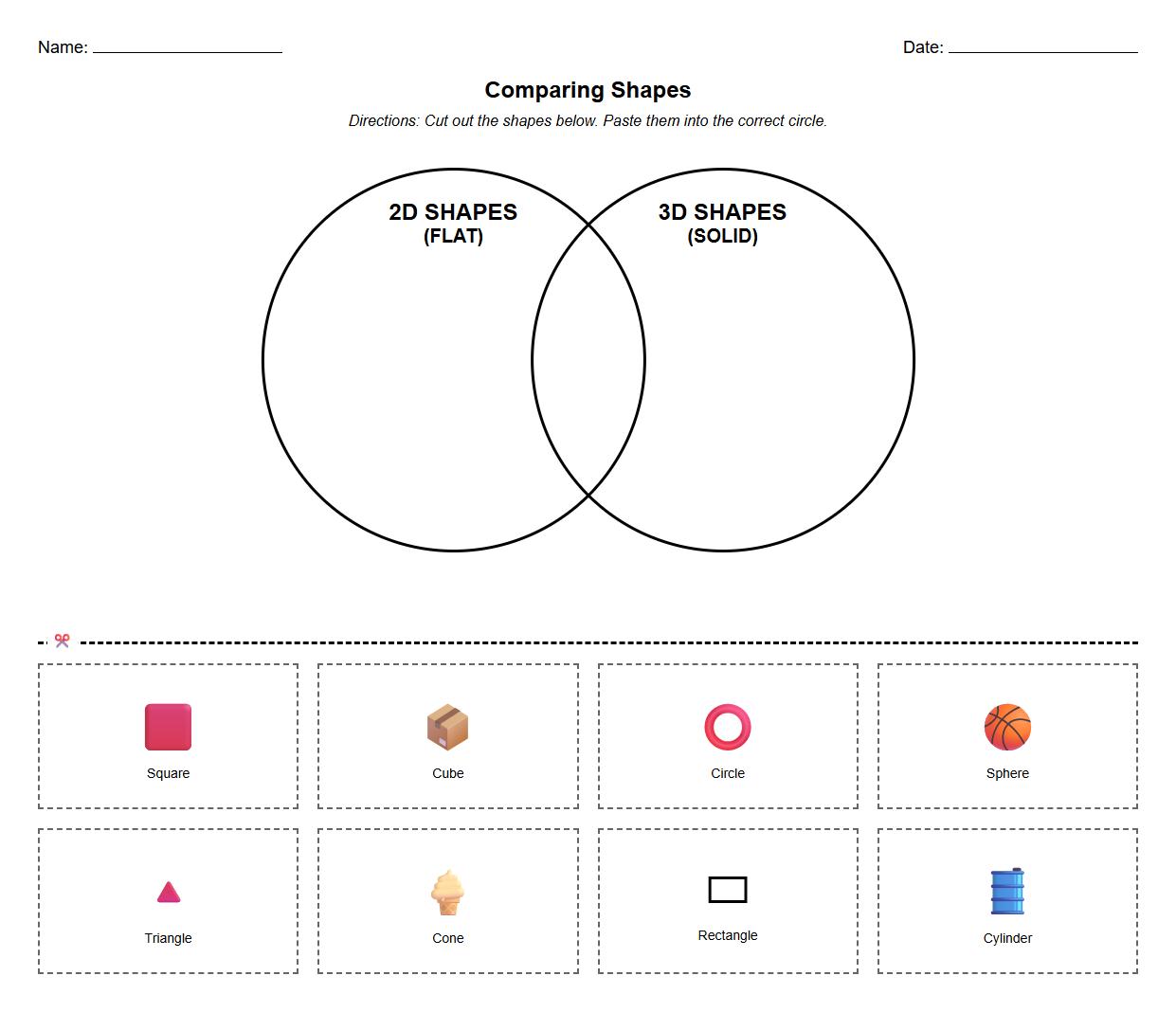 Venn Diagram Worksheet for 2D and 3D Figure Comparison