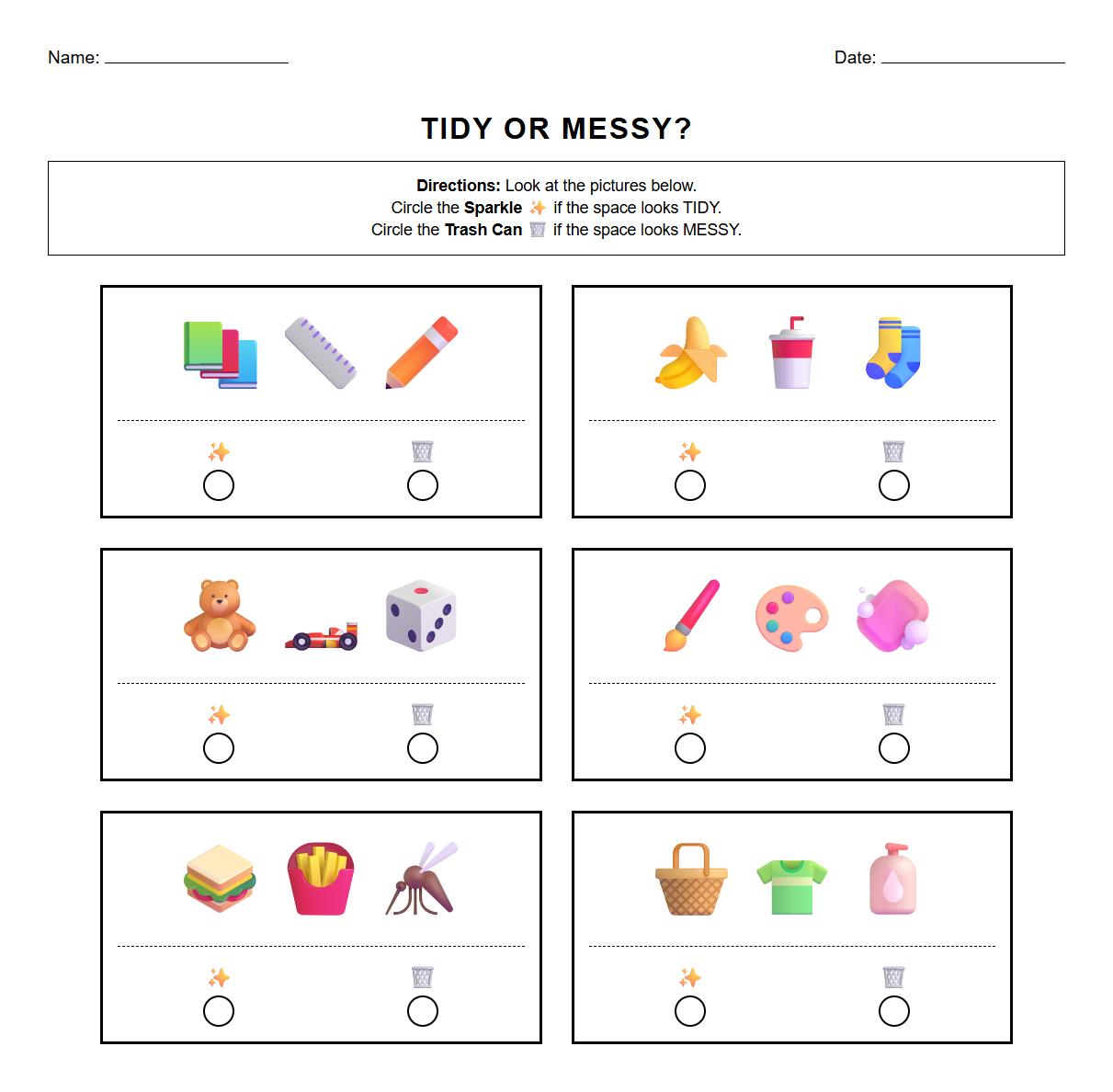 Visual Discrimination activity with images of tidy and messy classroom spaces