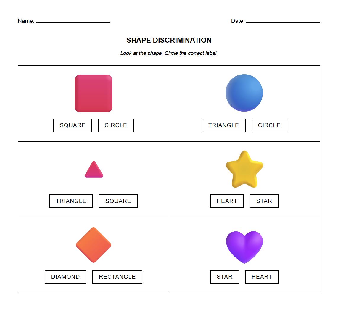 Visual Discrimination Shape Label Worksheet