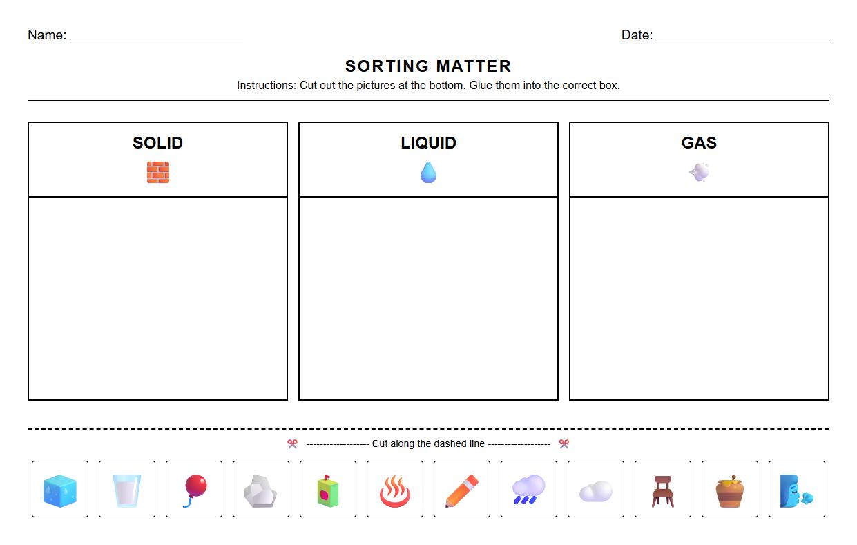 Visual Discrimination Solids Liquids Gases Sorting Exercise
