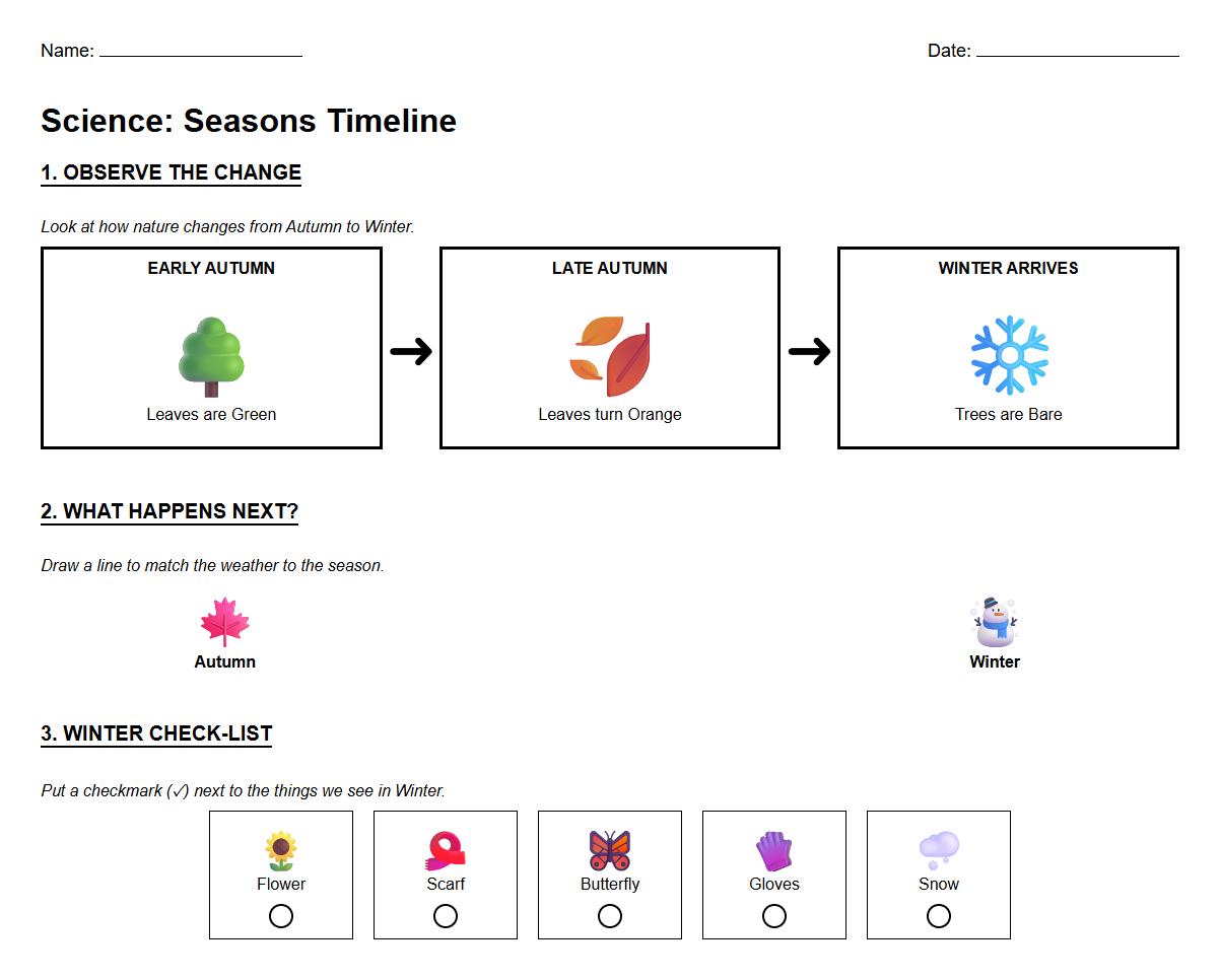 Visual Timeline Worksheet on Autumn to Winter Shifts