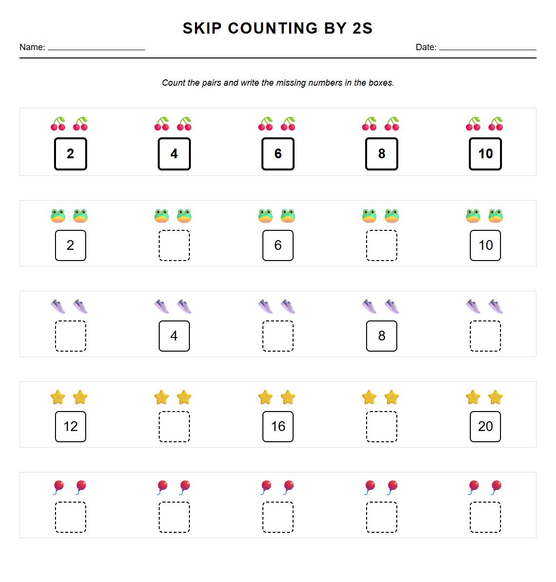 Visualized Skip Counting by 2s Sequences with Highlighted Numbers Worksheet