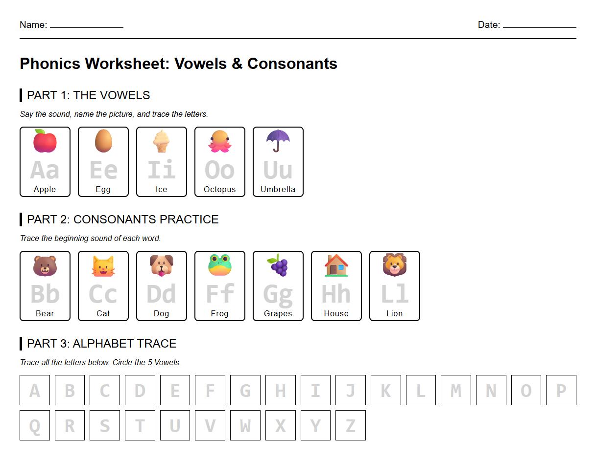 Vowel and Consonant Tracing Worksheet for Phonics Differentiation