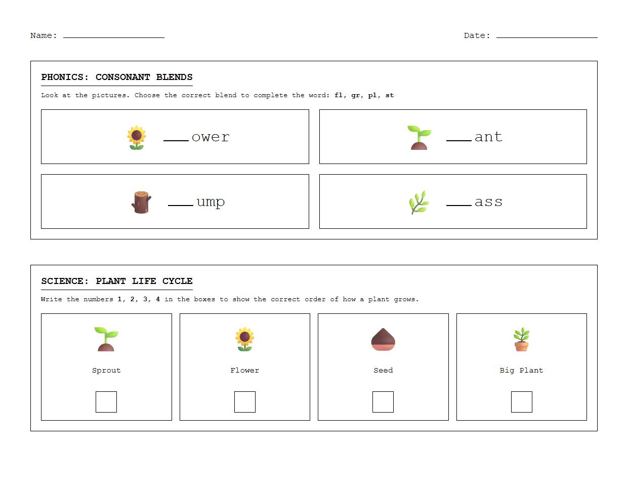 Word building with consonant blends and plant growth timeline