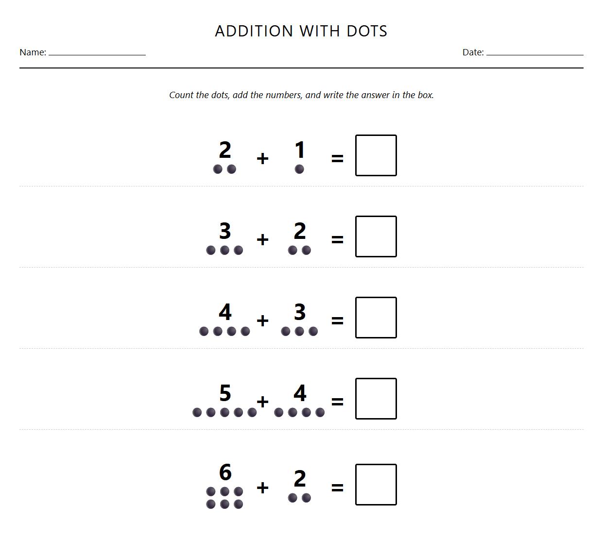 Worksheet Focusing on Addition with Dot Representation