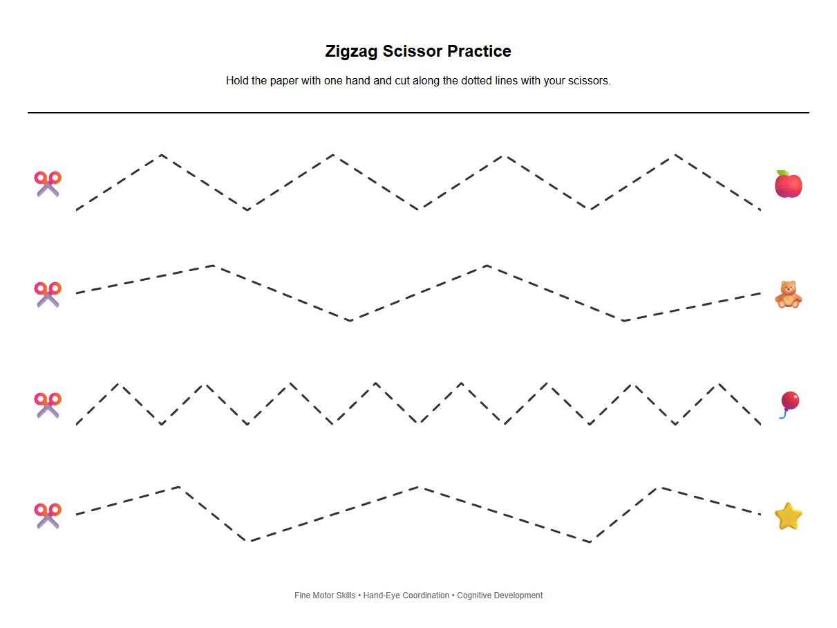 Zigzag Pattern Scissor Practice Sheet for Hand Eye Coordination