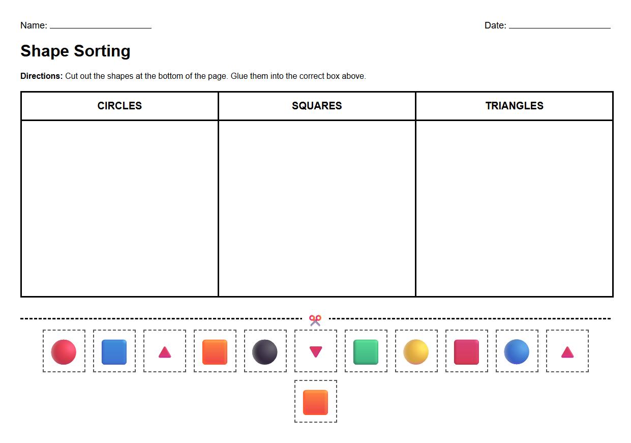 2D Shape Sorting Worksheet with Circles Squares and Triangles