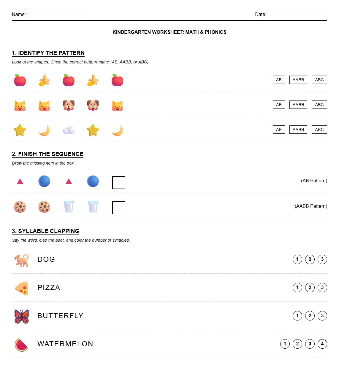 AB AABB ABC Syllable Clapping Phonics Worksheet